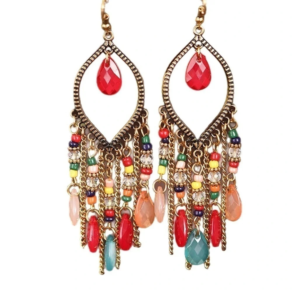 Bohemian Style Water Drop Shaped Bead Earrings With Tassel Fringes For Women - Picture 2 of 4